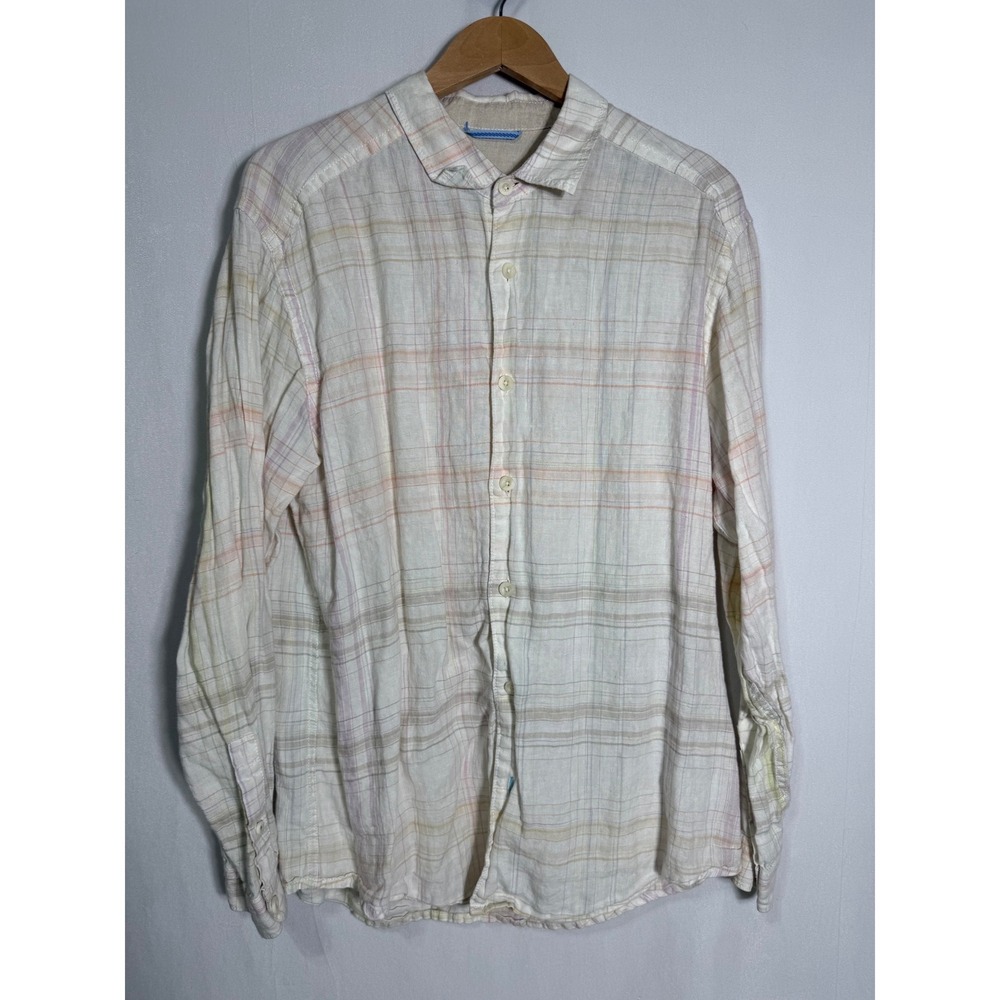 Tommy Bahama Relax Mens Large Linen Plaid Long Sleeve Button Up‎ Shirt Cream Tan